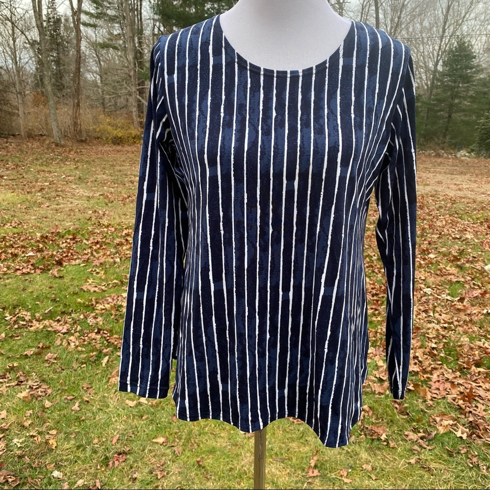 SYMPLI TOP BLUE WHITE STRETCH STRIPE LONG SLEEVE CREWNECK SIZE 8
